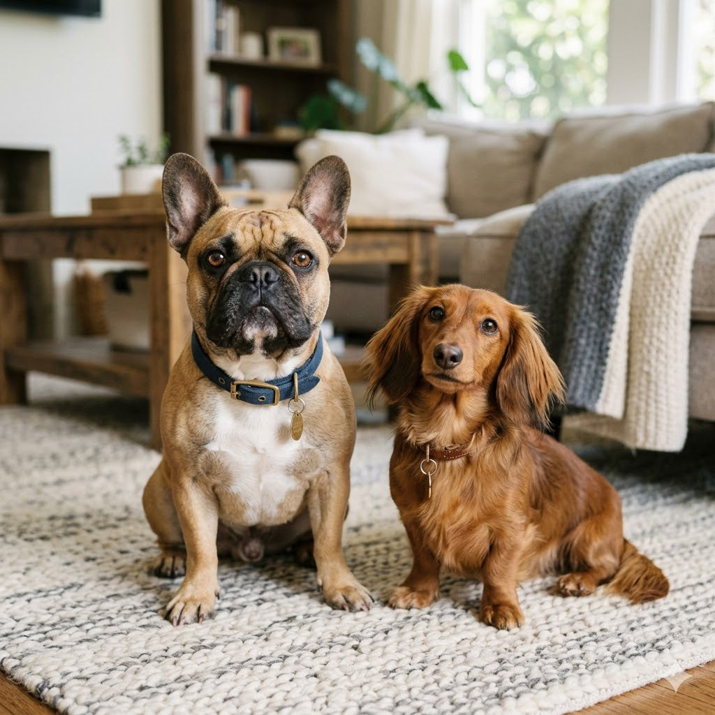 A photograph of a French Bulldog with a blue collar and a long-haired Dachshund sitting side-by-side on a textured rug in a cozy, well-lit living room.