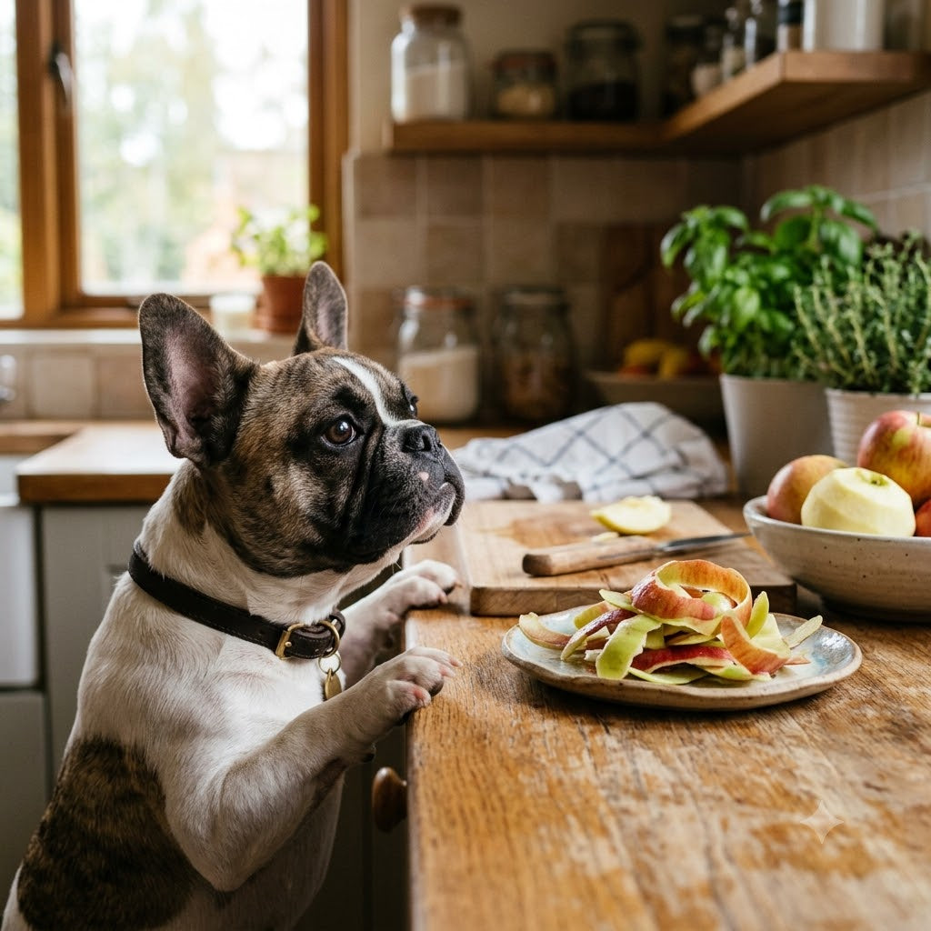 A brindle and white French Bulldog wearing a brown collar stands on its hind legs, peering over the edge of a rustic wooden kitchen countertop.