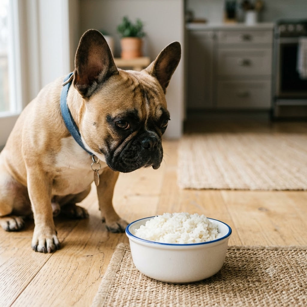 A fawn-colored French Bulldog sitting on a wooden floor in a kitchen, looking intently at a small ceramic bowl filled with cooked white boiled rice.