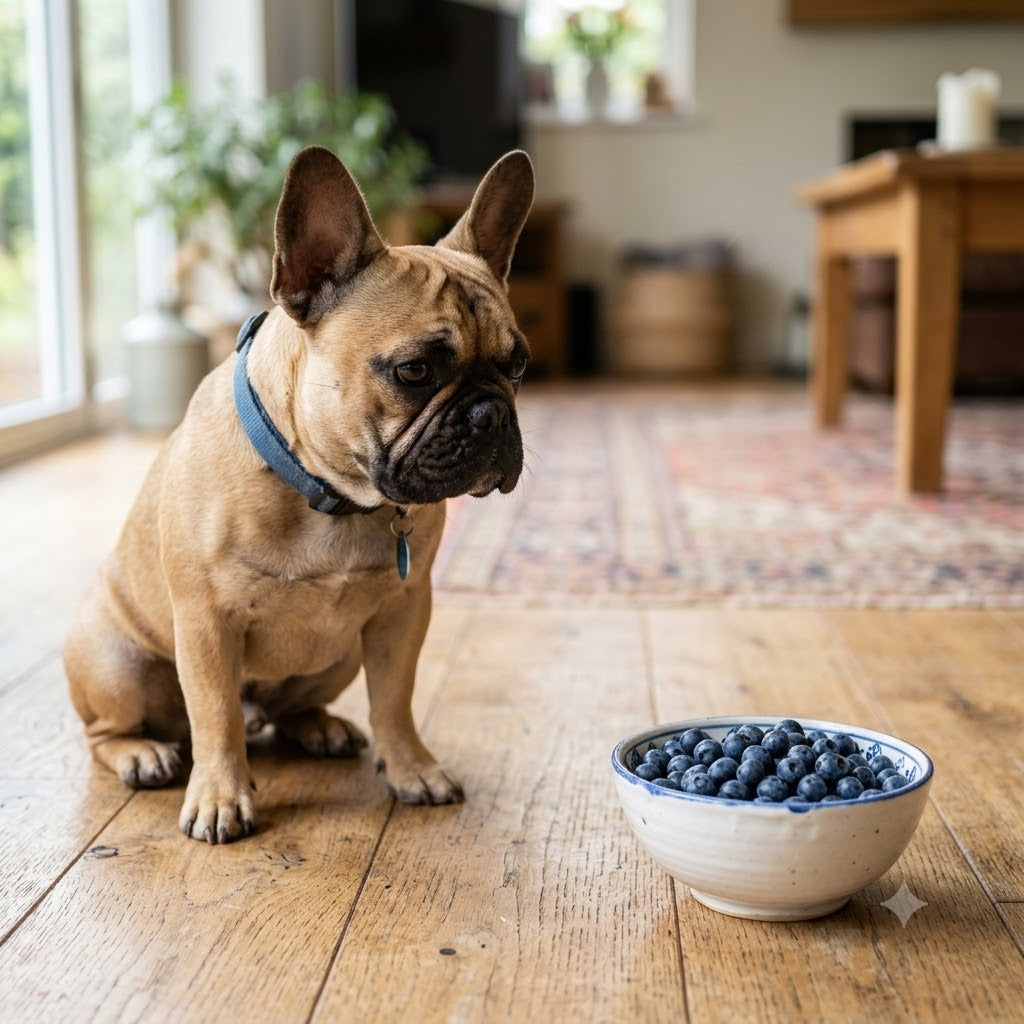 A fawn-colored French Bulldog wearing a blue collar sits patiently on a light wood floor, looking intently down into a small ceramic bowl filled with dark blue blueberries.