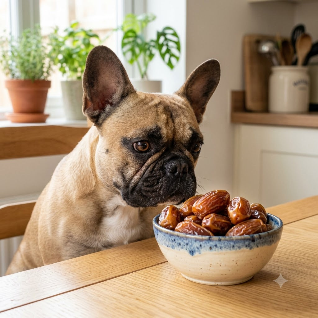 A fawn French Bulldog with characteristic large ears, black mask, and a curious, soulful expression in its large brown eyes.