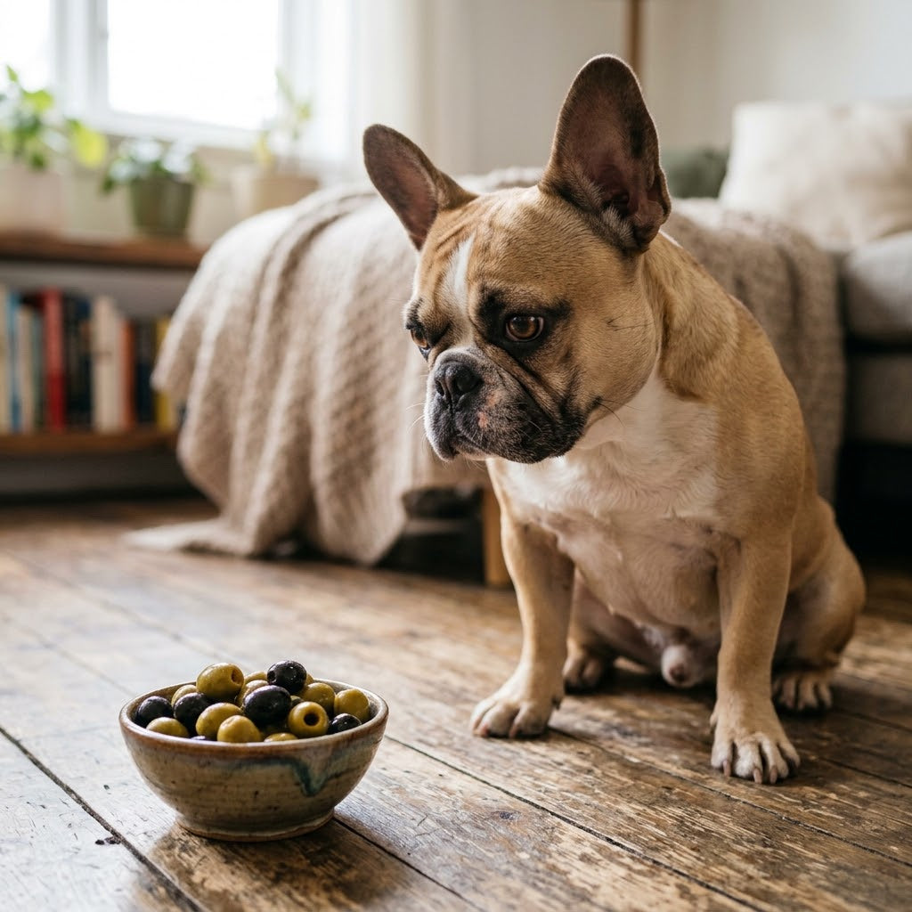 A fawn and white French Bulldog sits attentively on a rustic wooden floor, looking down with curiosity at a small ceramic bowl filled with green and black olives