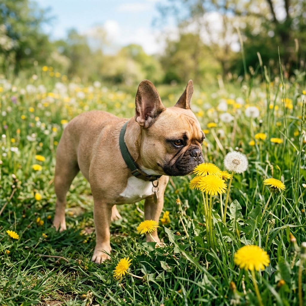 A curious fawn-colored French Bulldog with alert bat ears looking closely at yellow dandelions and a fluffy white seed head in a green meadow on a sunny day.