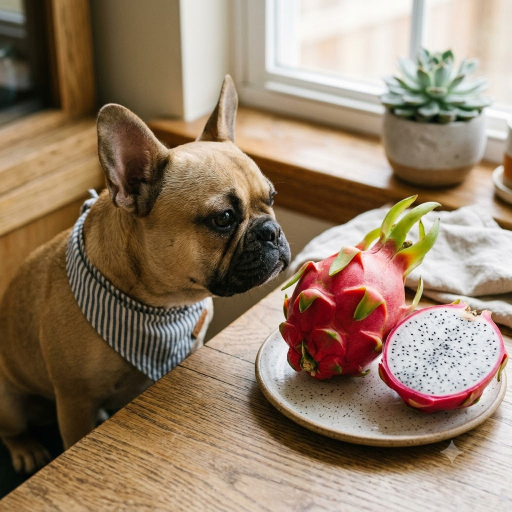 A close-up shot of a fawn-colored French Bulldog wearing a striped bandana, looking curiously at a whole and halved dragon fruit on a wooden table.