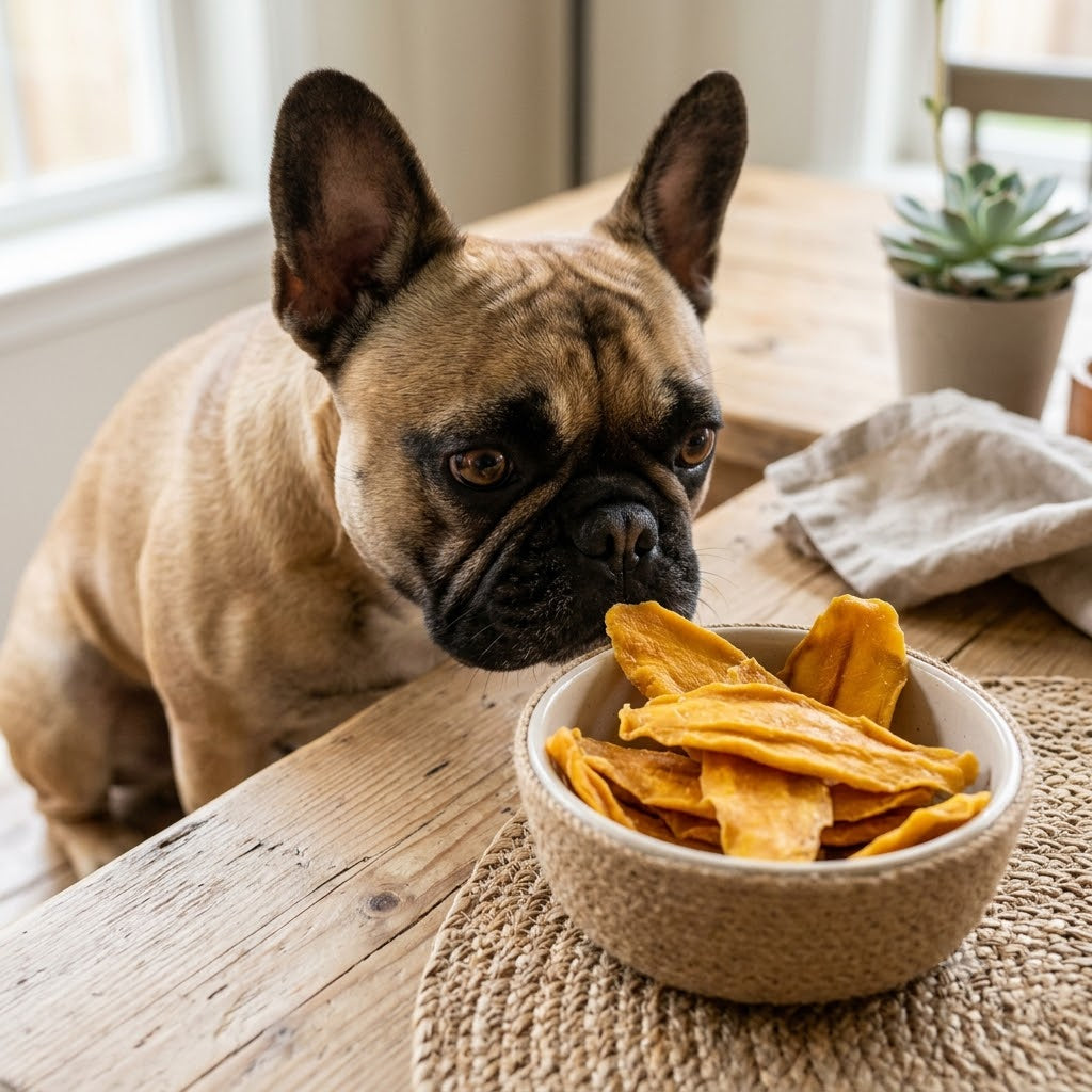 A fawn-colored French Bulldog sitting on a wooden surface looks with curious eyes at a small pile of orange, chewy dried mango slices