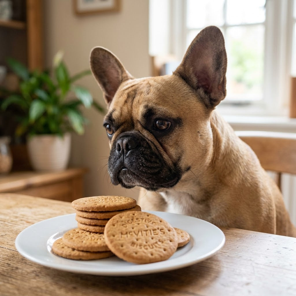 A close-up photograph (1:1 aspect ratio) of a fawn French Bulldog with a curious expression looking intently at a stack of English Digestive Biscuits on a plate in a cozy home setting.