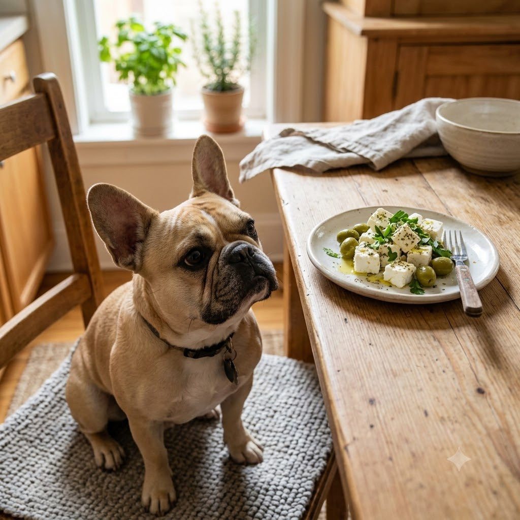 A fawn-colored French Bulldog sitting on a kitchen chair, looking intently at a plate of cubed feta cheese, olives, and herbs on a wooden table.