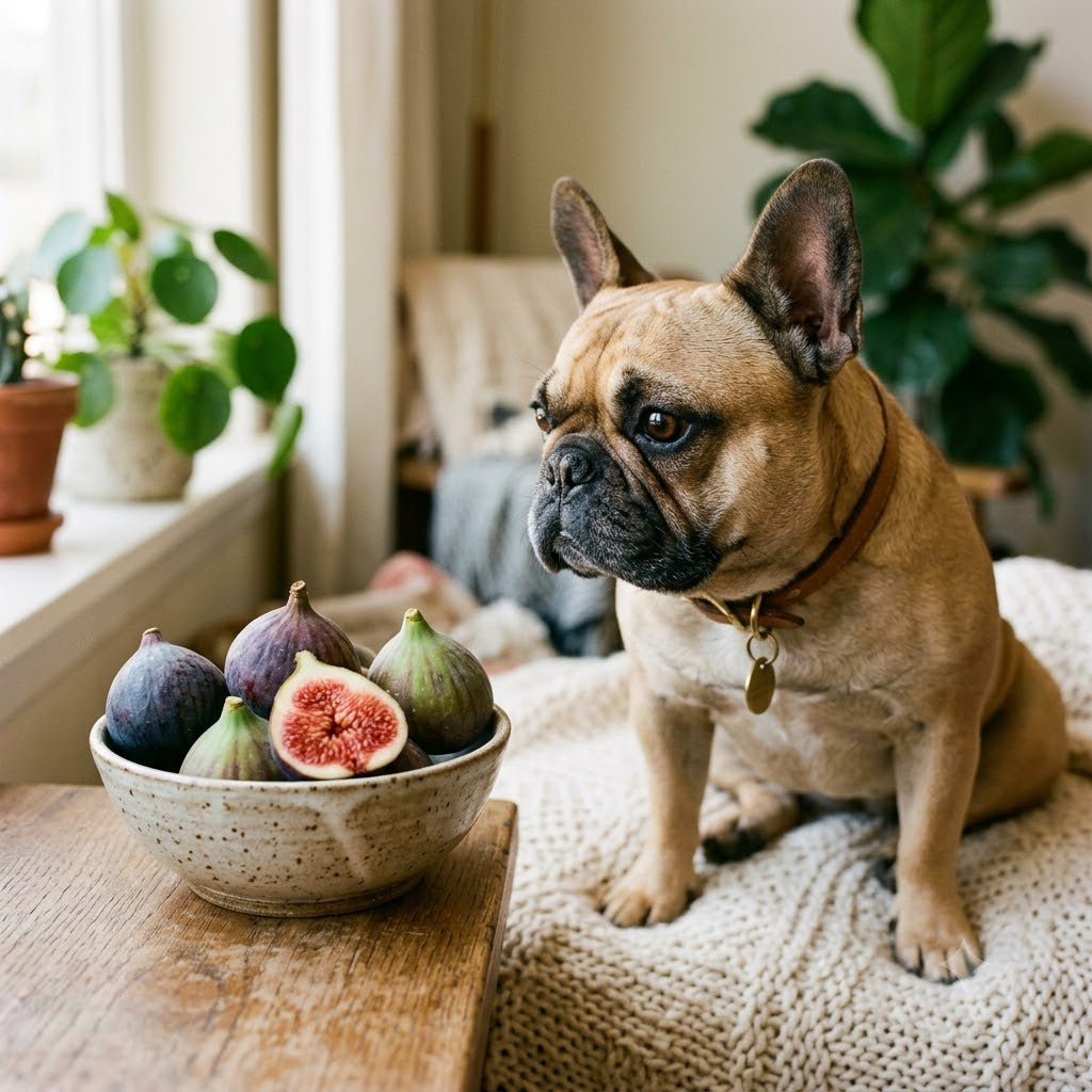 A fawn-colored French Bulldog sitting on a white knitted blanket looks curiously at a ceramic bowl filled with ripe whole and halved purple figs on a wooden table.