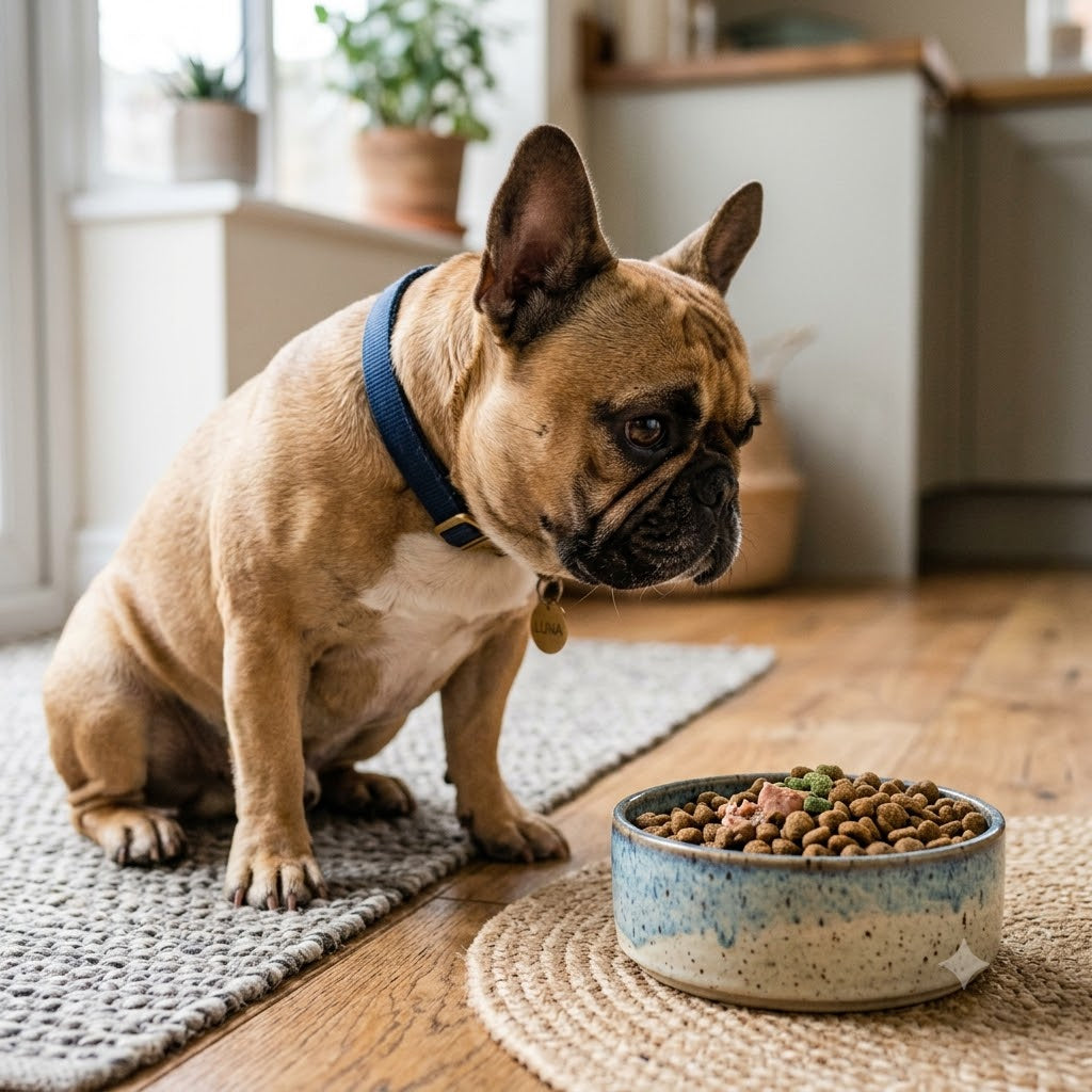 A fawn-colored French Bulldog with a blue collar and a name tag that reads "LUNA" sits patiently on a wooden floor, looking intently at a rustic blue and white ceramic bowl.