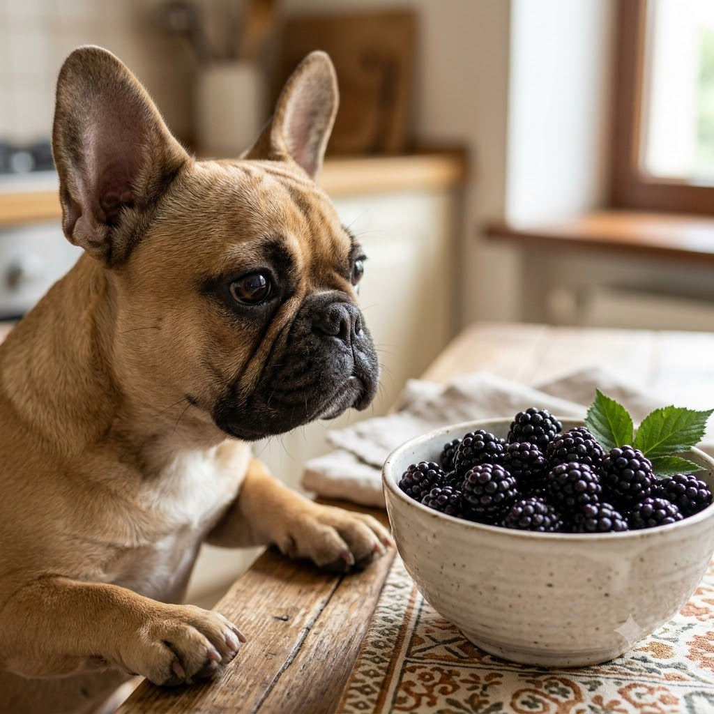 A curious fawn-colored French Bulldog sitting on a kitchen floor, looking intently with large eyes at a rustic ceramic bowl filled with fresh, dark blackberries.