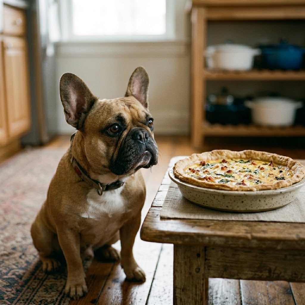 The dog is gazing up with focused interest at a freshly baked spinach and cheese quiche placed on a distressed wooden table in the foreground.