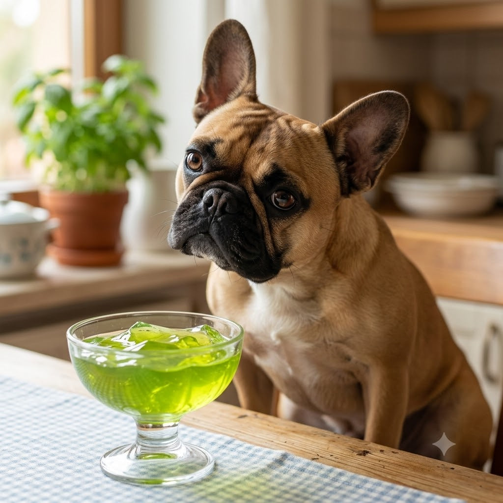 A fawn French Bulldog sitting at a checkered placemat looks curiously at a stemmed glass bowl filled with vibrant green jello and cubes on a kitchen table.