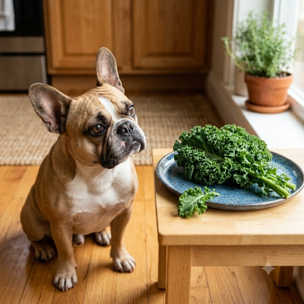 A fawn and white French Bulldog is sitting attentively on a wooden floor, looking with a curious and skeptical expression at a bunch of fresh, green curly kale