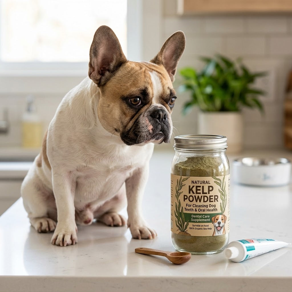 A fawn and white French Bulldog sits on a light-colored kitchen counter, looking intently at a clear glass jar labeled 'KELP POWDER for Dog Teeth Cleaning.'