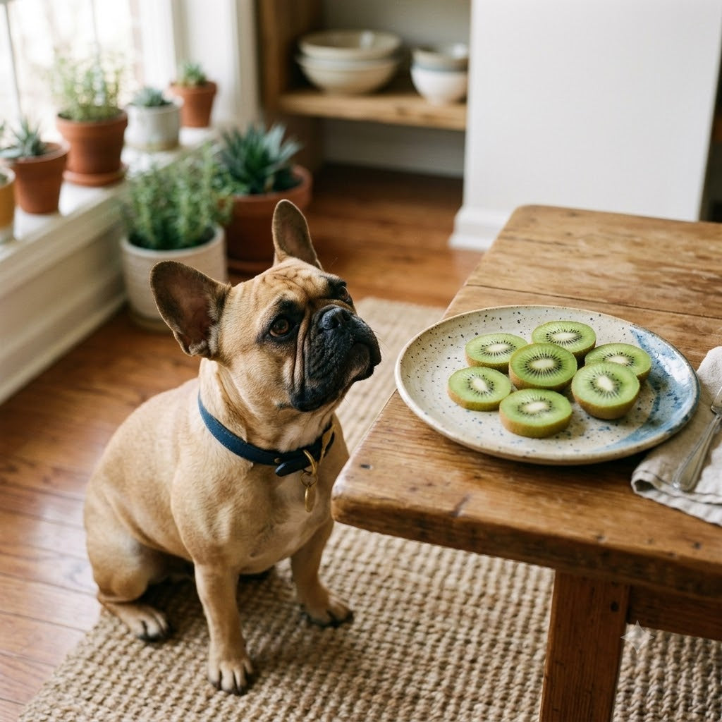 A fawn French Bulldog sits on a woven rug in a kitchen, looking up with curiosity at a ceramic plate containing fresh, sliced kiwis on a wooden table under natural light.
