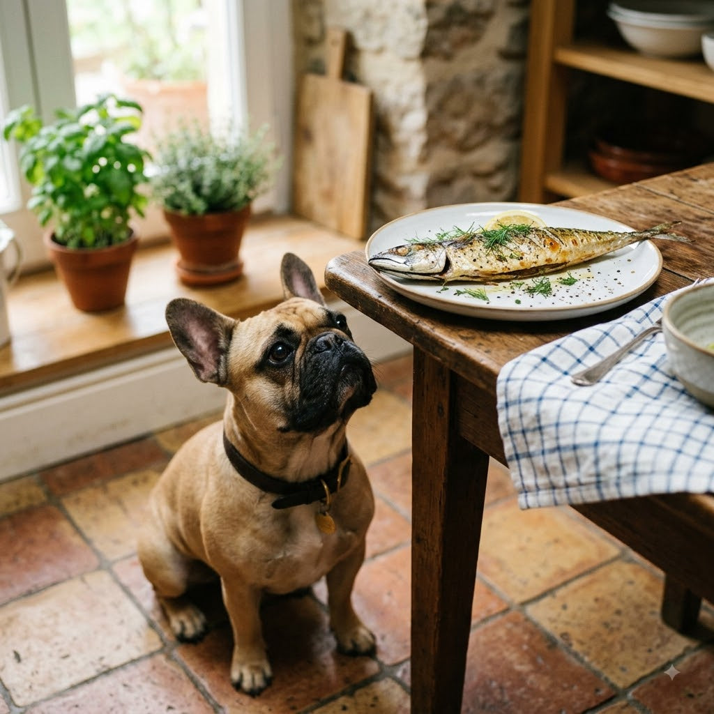 A fawn-colored French Bulldog sitting on a terracotta tile floor, looking up longingly at a whole grilled mackerel served on a white plate on a wooden table in a rustic kitchen.
