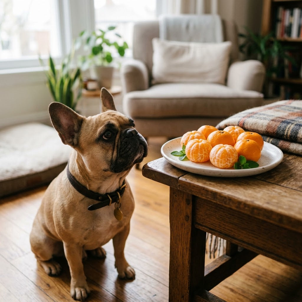 A fawn French Bulldog sitting on a wooden floor in a cozy living room, looking intently with curious eyes at a pile of vibrant Mandarin oranges arranged on a rustic white ceramic plate.
