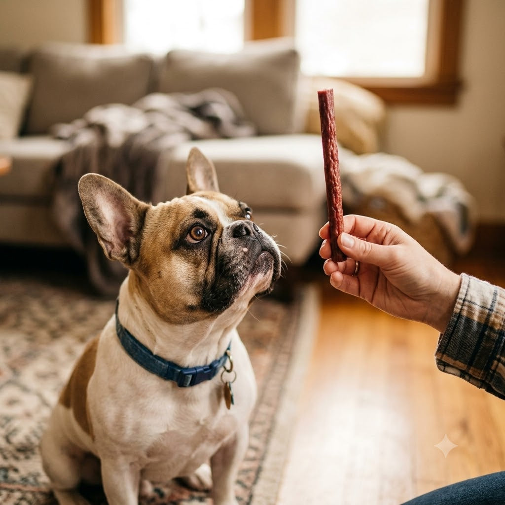 A fawn and white French Bulldog wearing a blue collar looks upward with keen interest at a single, dark red dried meat stick held vertically by a human hand.