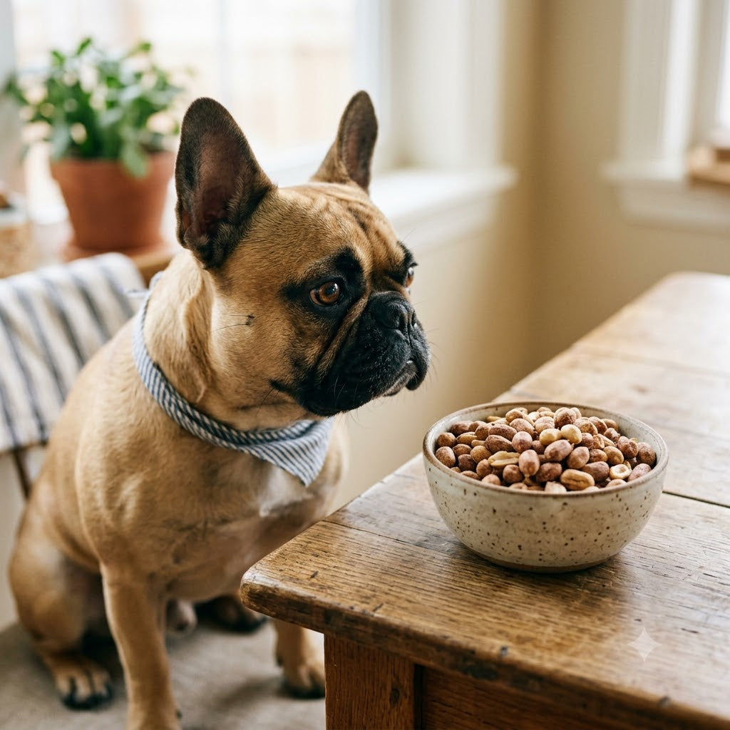 A fawn-colored French Bulldog sits patiently at a rustic wooden dining table, staring intently at dry roasted peanuts.