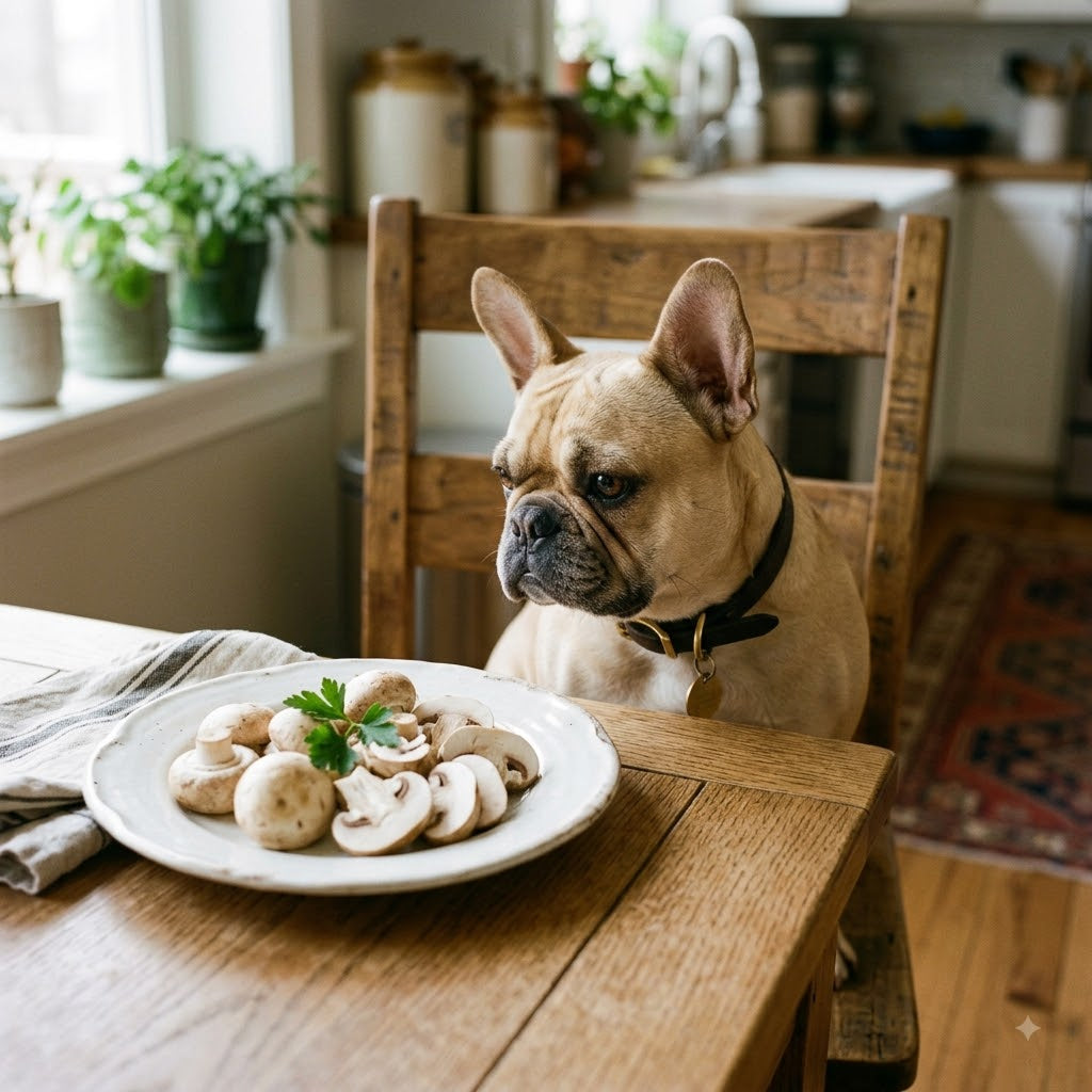 A fawn French Bulldog with an inquisitive expression sits on a wooden chair at a dining table, looking intently at a plate filled with fresh, plain white button mushrooms.
