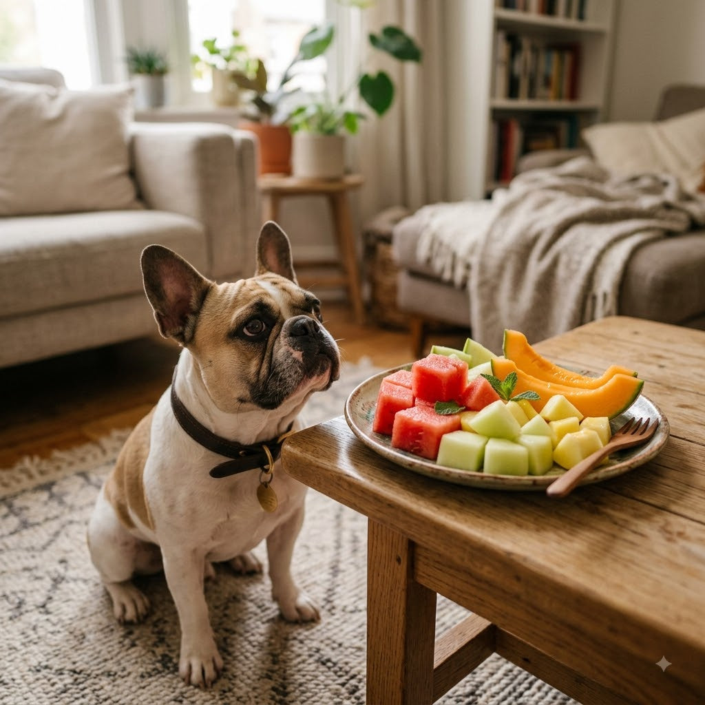 A fawn and white French Bulldog sitting on a patterned rug looks up with intense focus at a plate of freshly cut fruit, including watermelon, cantelope & melon.