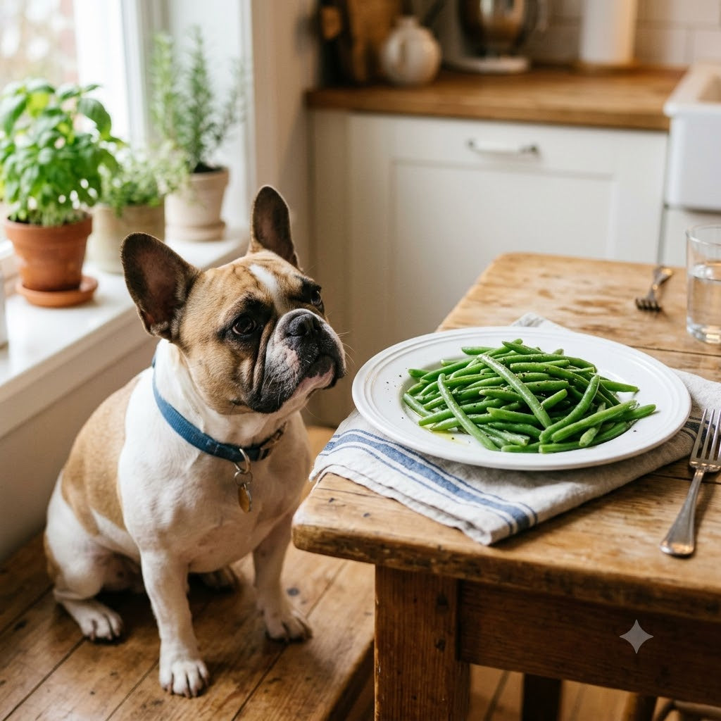 A tan and white French Bulldog wearing a blue collar sits attentively on a wooden bench, looking up at a white plate filled with seasoned green beans.