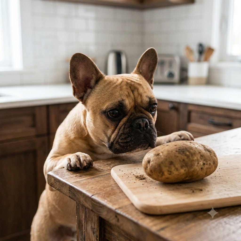 A close-up photograph captures a fawn-colored French Bulldog with its paws and chin resting on the edge of a rustic wooden kitchen counter.