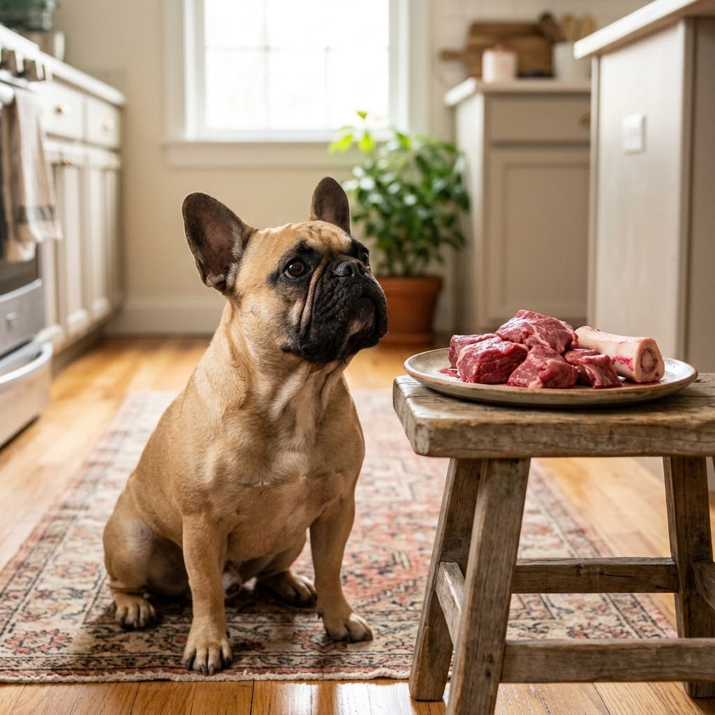 A realistic square photograph of a fawn French Bulldog sitting on a patterned rug, looking up with intent curiosity and anticipation at a ceramic plate filled with fresh, uncooked raw red meat.