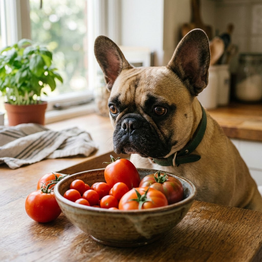 French Bulldog sitting at a wooden kitchen counter, gazing with curiosity and skepticism at a rustic ceramic bowl filled with fresh red tomatoes.