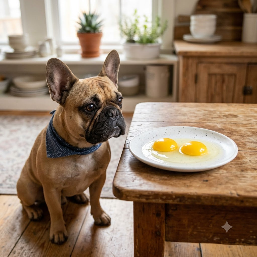 A fawn French Bulldog looks intently with a curious expression at a small white plate containing two raw egg yolks.