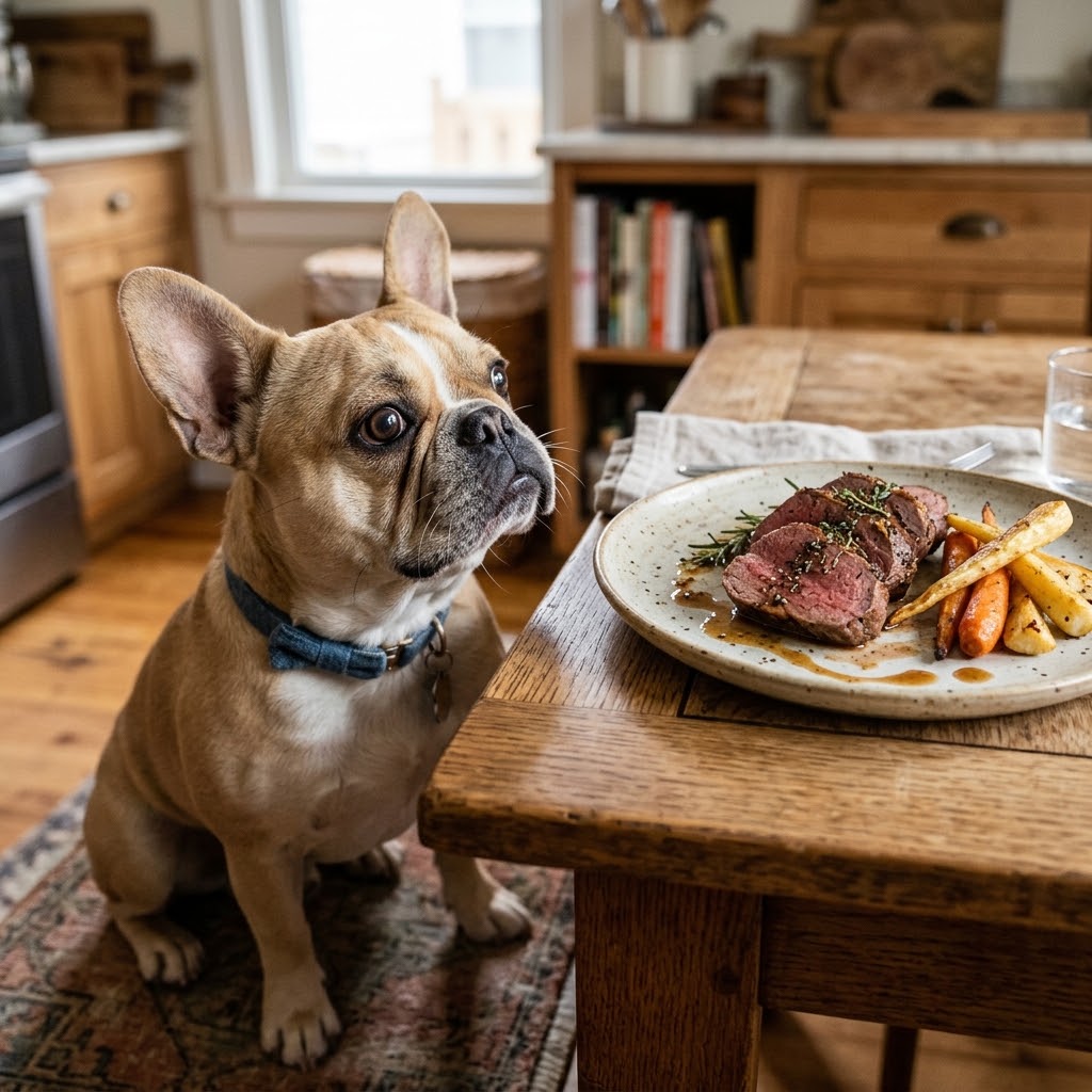 A fawn French Bulldog wearing a blue bow tie collar sits on a rug in a kitchen, looking up intently at a plate of cooked, sliced venison steak and roasted vegetables resting on a wooden dining table.