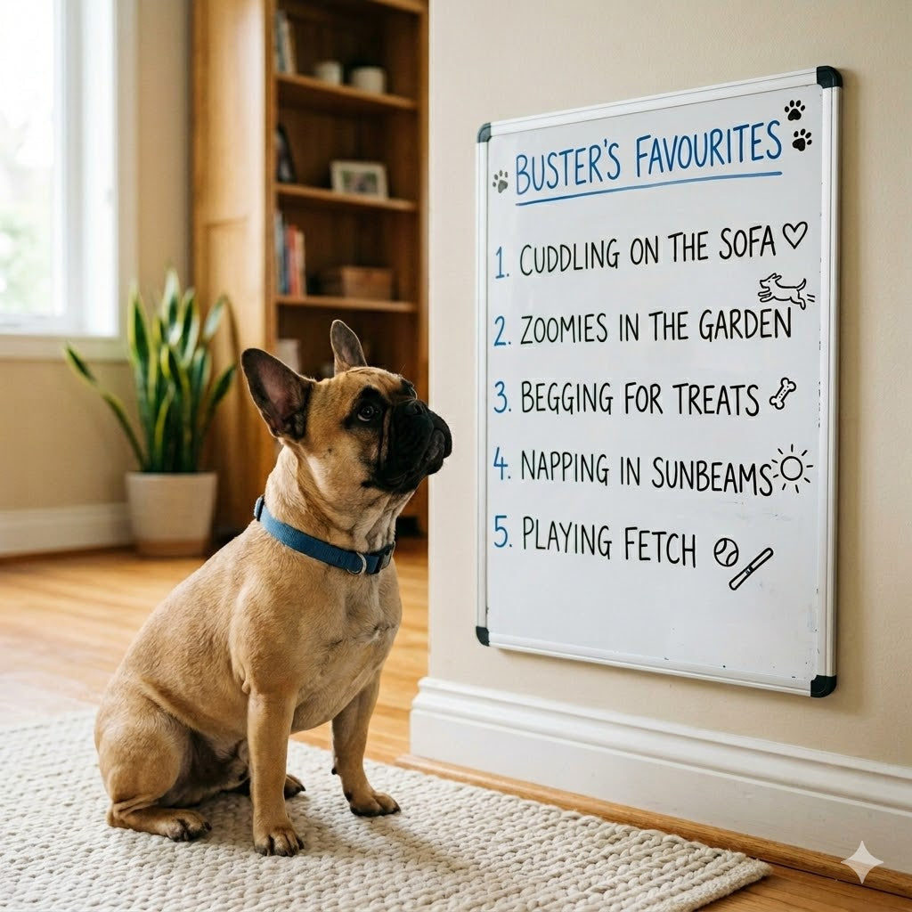 A cute French Bulldog sits and looks intently at a dry erase board which lists its 5 favorite things: Nap Time, Chew Toys, Walkies, Zoomies, and Treats, written clearly in marker.