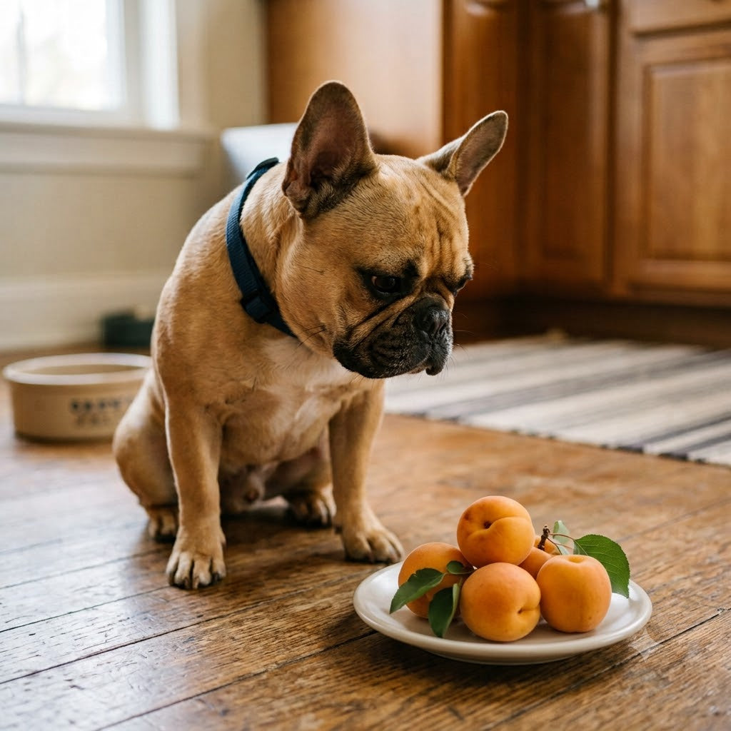 A fawn-colored French Bulldog with a blue collar sits on a hardwood kitchen floor and looks down with a curious expression at a small white plate holding several ripe apricots.