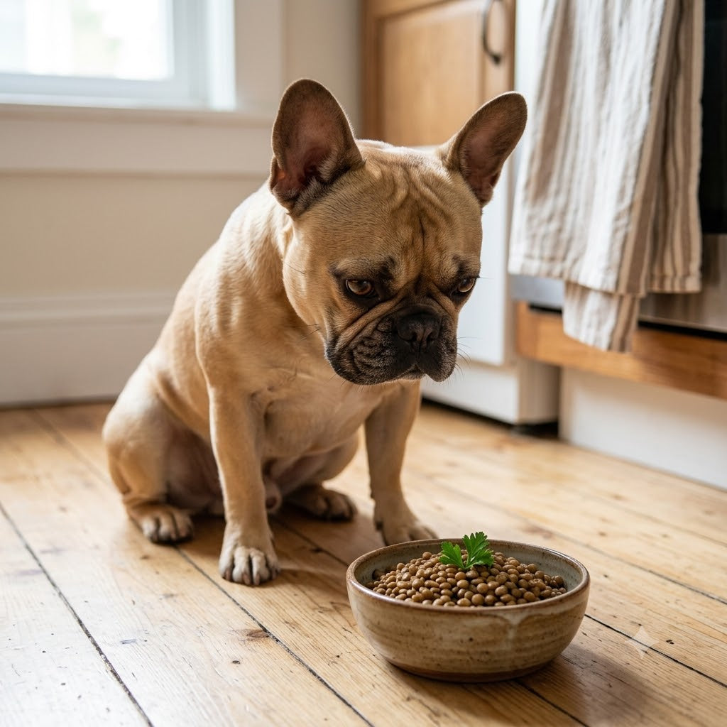 A fawn French Bulldog sitting on a kitchen floor, looking intently at a rustic ceramic bowl filled with cooked brown lentils garnished with a parsley sprig.