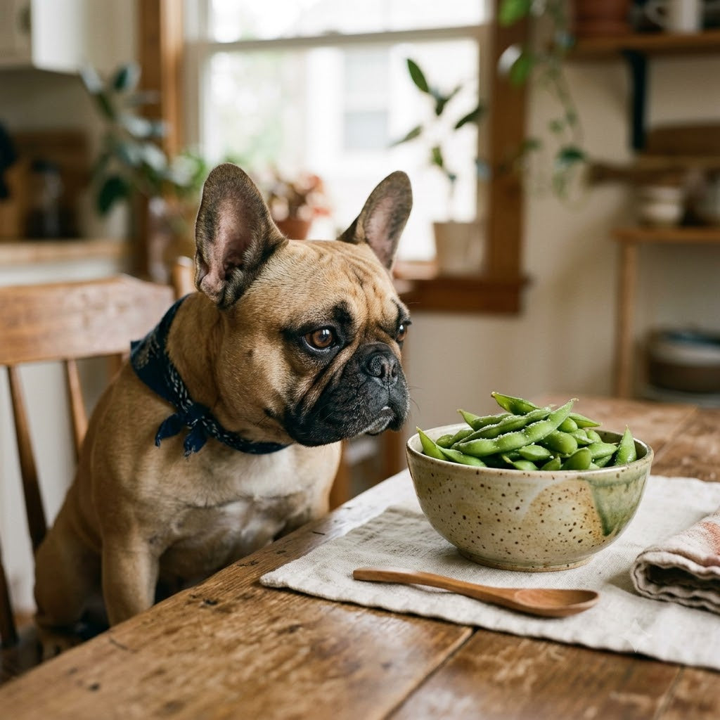 A fawn-colored French Bulldog looks with intense curiosity at a ceramic bowl filled with green edamame pods in a sunlit kitchen.