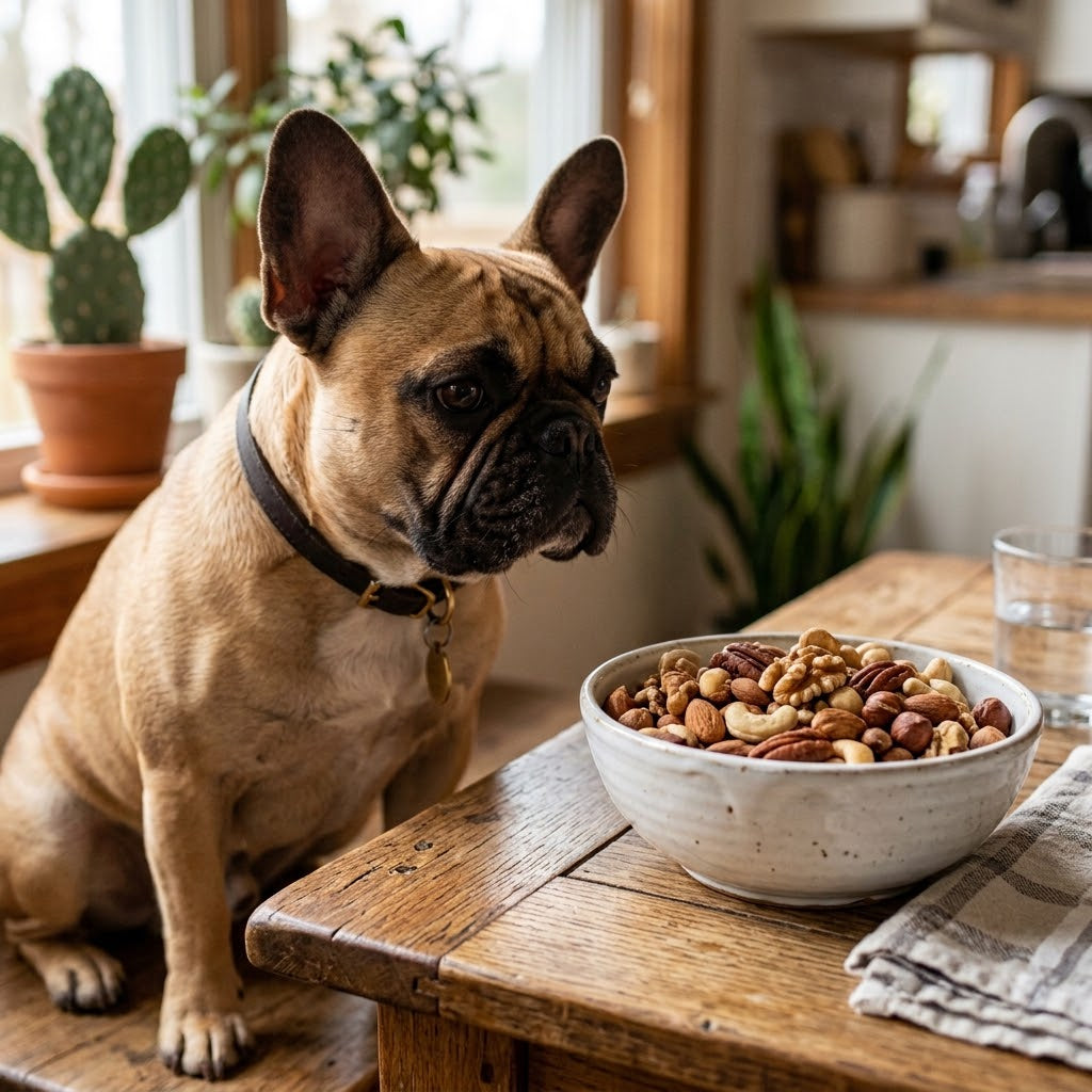 A fawn French Bulldog sits attentively at a rustic wooden dining table, gazing curiously at a large bowl filled with mixed nuts.