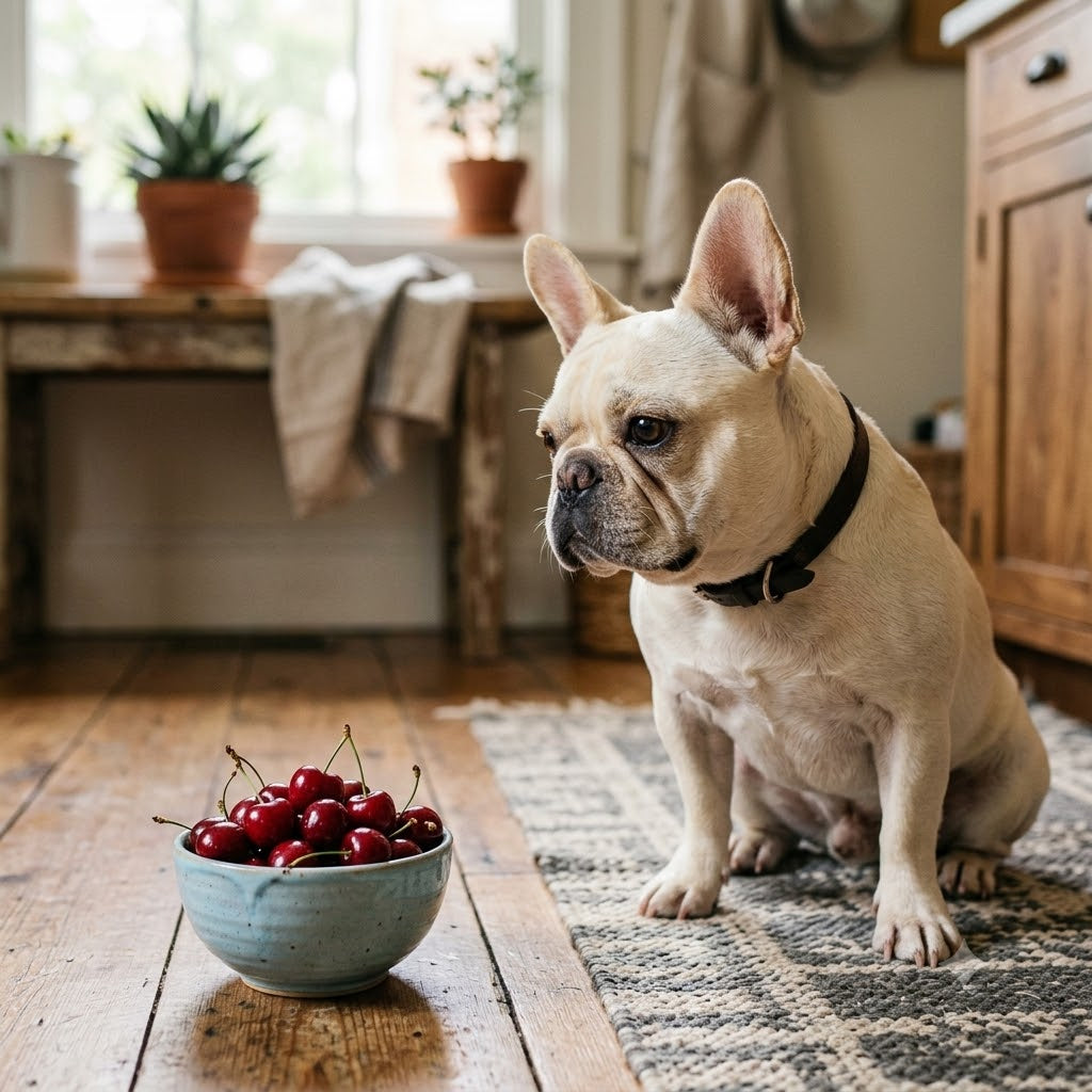 A curious Frenchie is gazing with focus directly at a ceramic bowl filled with fresh, dark red cherries with stems, placed nearby.