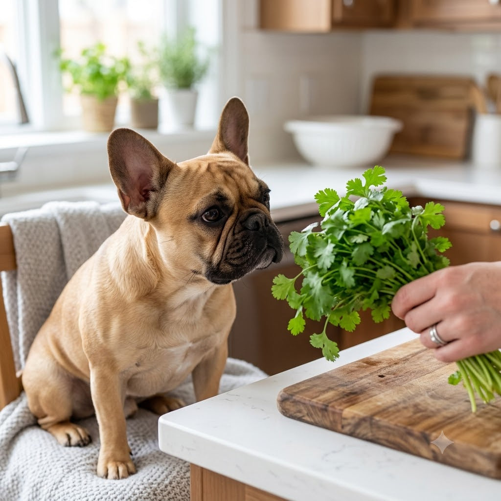 Fawn French Bulldog sitting in a bright kitchen, looking intently at a bunch of fresh green cilantro held by a human hand near a cutting board.