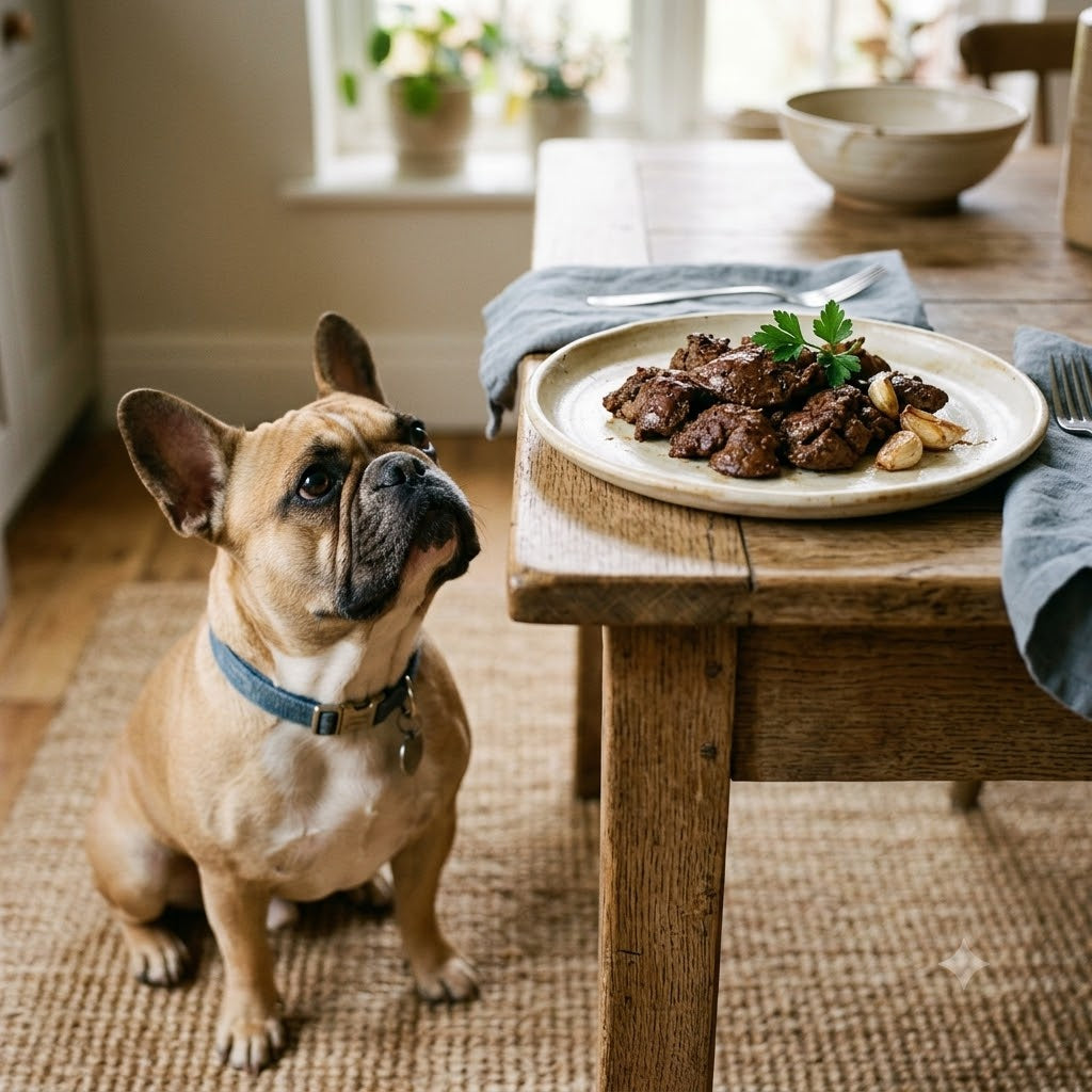 A square (1:1) candid photograph capturing a curious fawn and white French Bulldog seated eagerly on a woven rug on a wooden floor, looking longingly up at a portion of cooked liver.