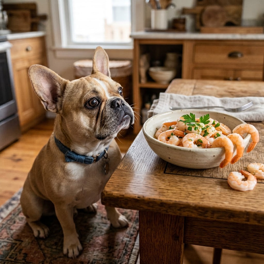 French bulldog is looking at a  bowl on a worn wooden dining table. The bowl is filled with cooked, pink, peeled shrimp.