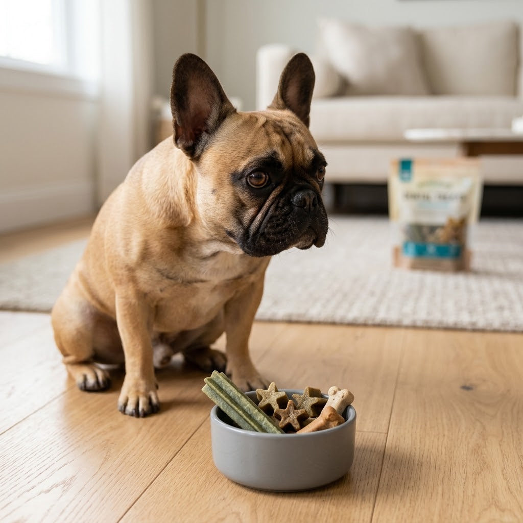 French Bulldog with perked ears sitting on a hardwood floor, looking intently at a small grey bowl filled with various textured dental chews.