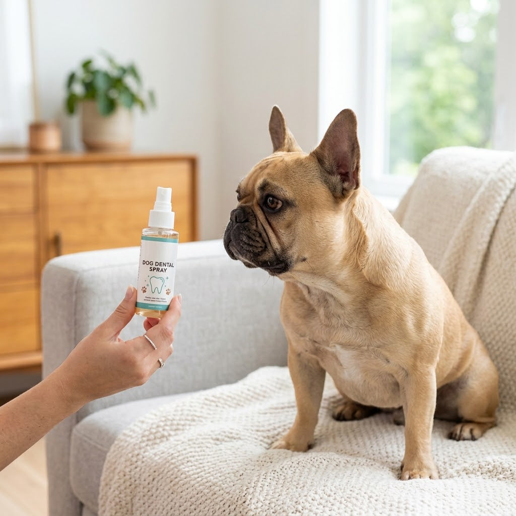A candid 1:1 photograph of a fawn French Bulldog sitting on a sofa and looking with curiosity at a bottle of dog dental spray held by a human hand in a brightly lit modern living room.