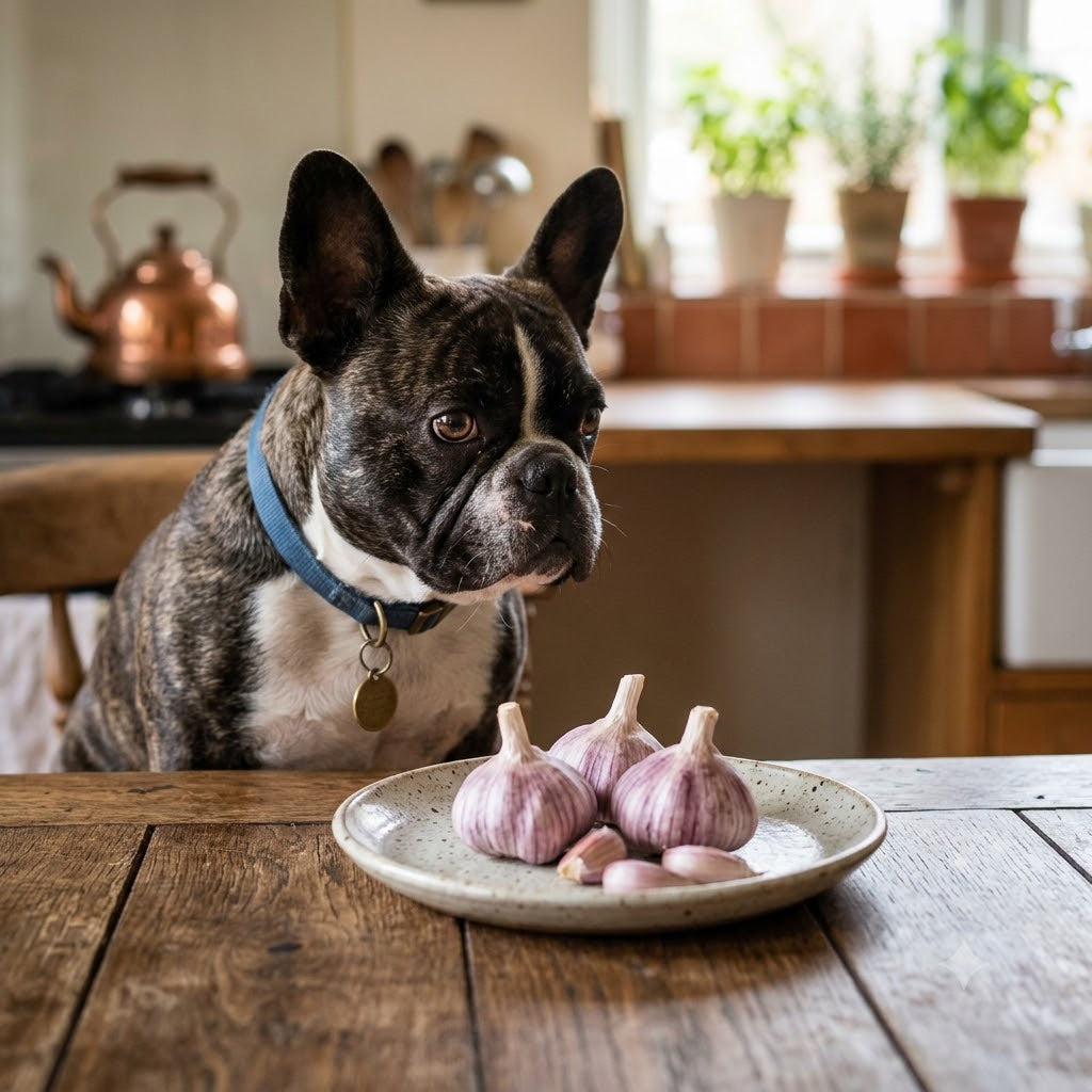 A candid 1:1 square photograph captures a brindle and white French Bulldog sitting on a rustic wooden table.