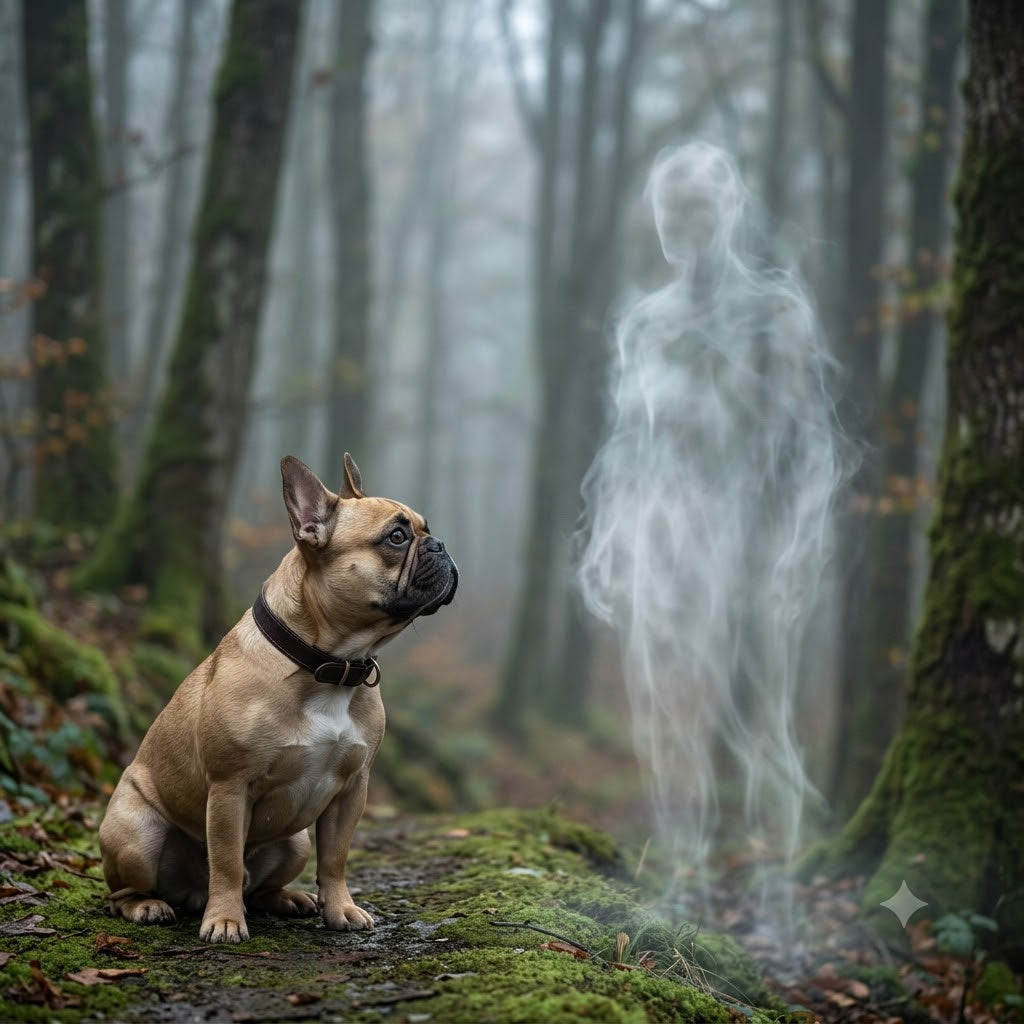 A fawn French Bulldog sits on a mossy forest floor, looking up with curiosity at a translucent, spectral figure made of white mist shaped like a person.
