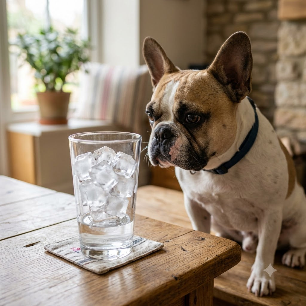 A close-up photograph of a French Bulldog with curious eyes, sitting in front of a glass filled with ice cubes on a wooden surface.