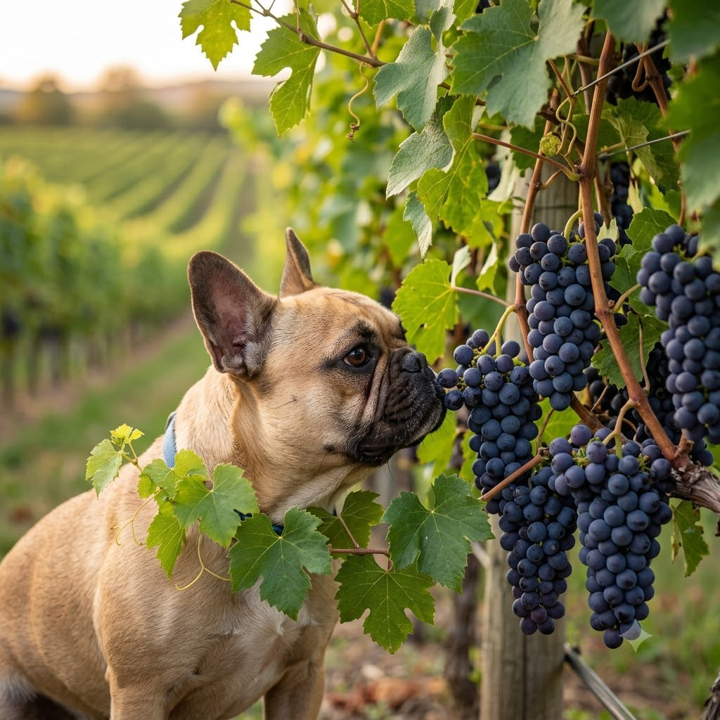 A square photograph of a fawn French Bulldog looking intently at multiple clusters of ripe grapes hanging on a grapevine in a sunlit vineyard.
