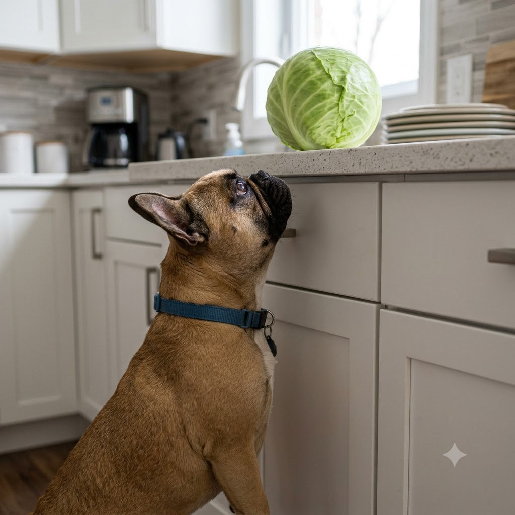 A photo of a fawn French Bulldog wearing a blue collar, standing and looking up intently at a whole head of green cabbage resting on a light-colored kitchen countertop.