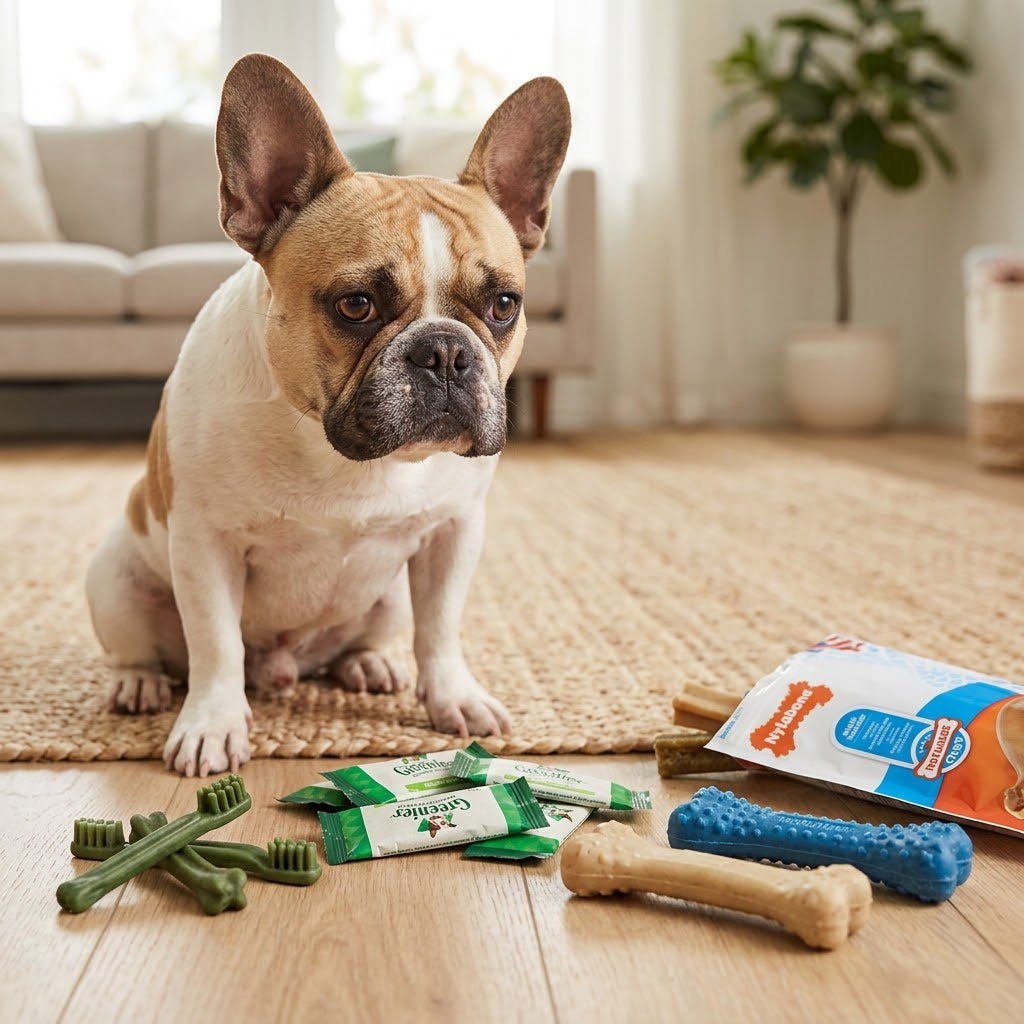 A fawn and white French Bulldog sits on a light woven rug and looks with a focused expression at several Greenies toothbrush-shaped chews and various Nylabone chews.