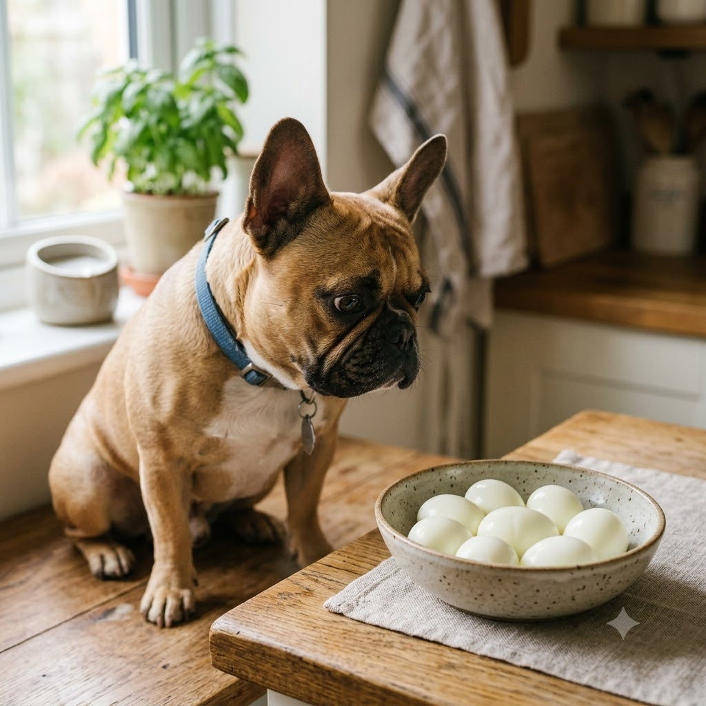 A fawn and white French Bulldog seated intently on a rustic wooden countertop, gazing with focused curiosity and eagerness at a speckled ceramic bowl filled with peeled, whole hard-boiled eggs.