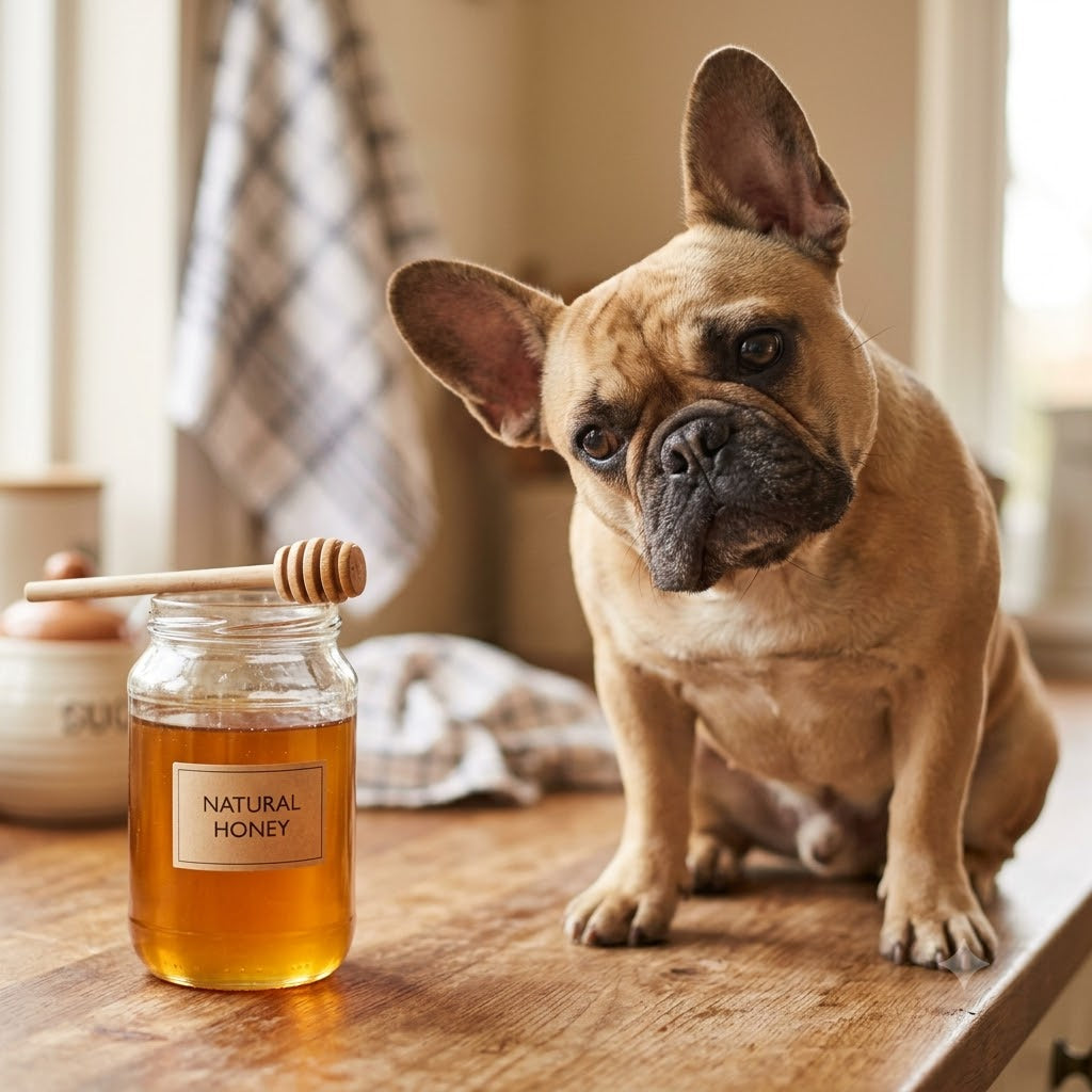 A fawn-colored French Bulldog with a curious expression, head tilted, intently stares at a clear glass jar of golden honey.